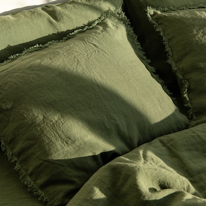 Set biancheria da letto in lino, copripiumino matrimoniale king size e cuscini in colore verde, lenzuola in lino naturale al 100% con dimensioni personalizzate immagine 5