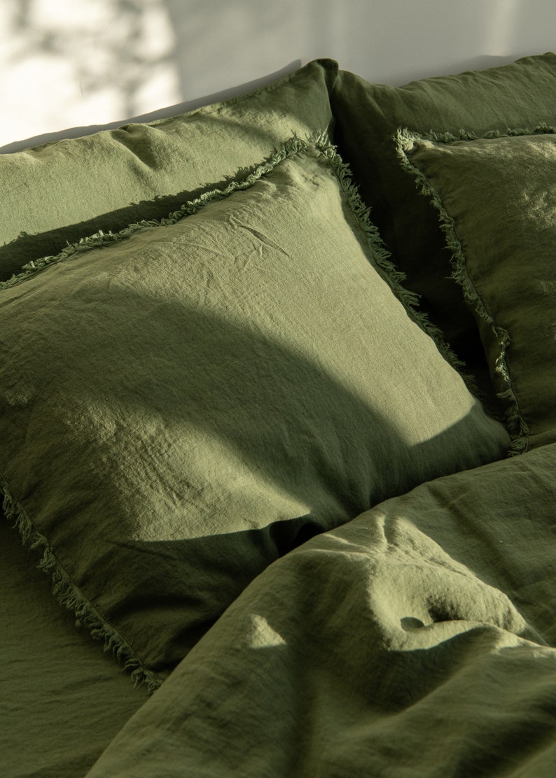Zestaw pościeli lnianej, podwójna poszwa na kołdrę i poduszki w kolorze zielonym, prześcieradła ze 100% naturalnego lnu w niestandardowych rozmiarach zdjęcie 5