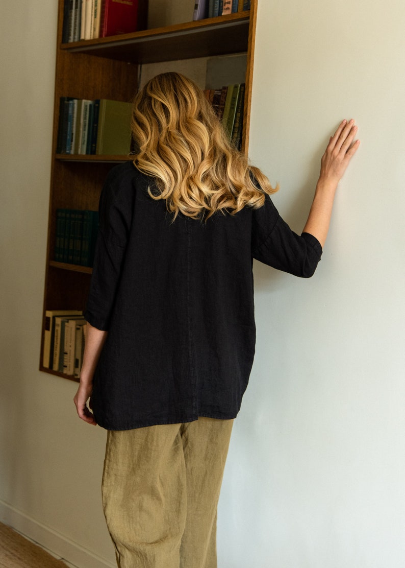 Linen Blouse LORA. Linen Blouse in Black. Linen clothing. Black shirt. Handmade linen shirt. image 3