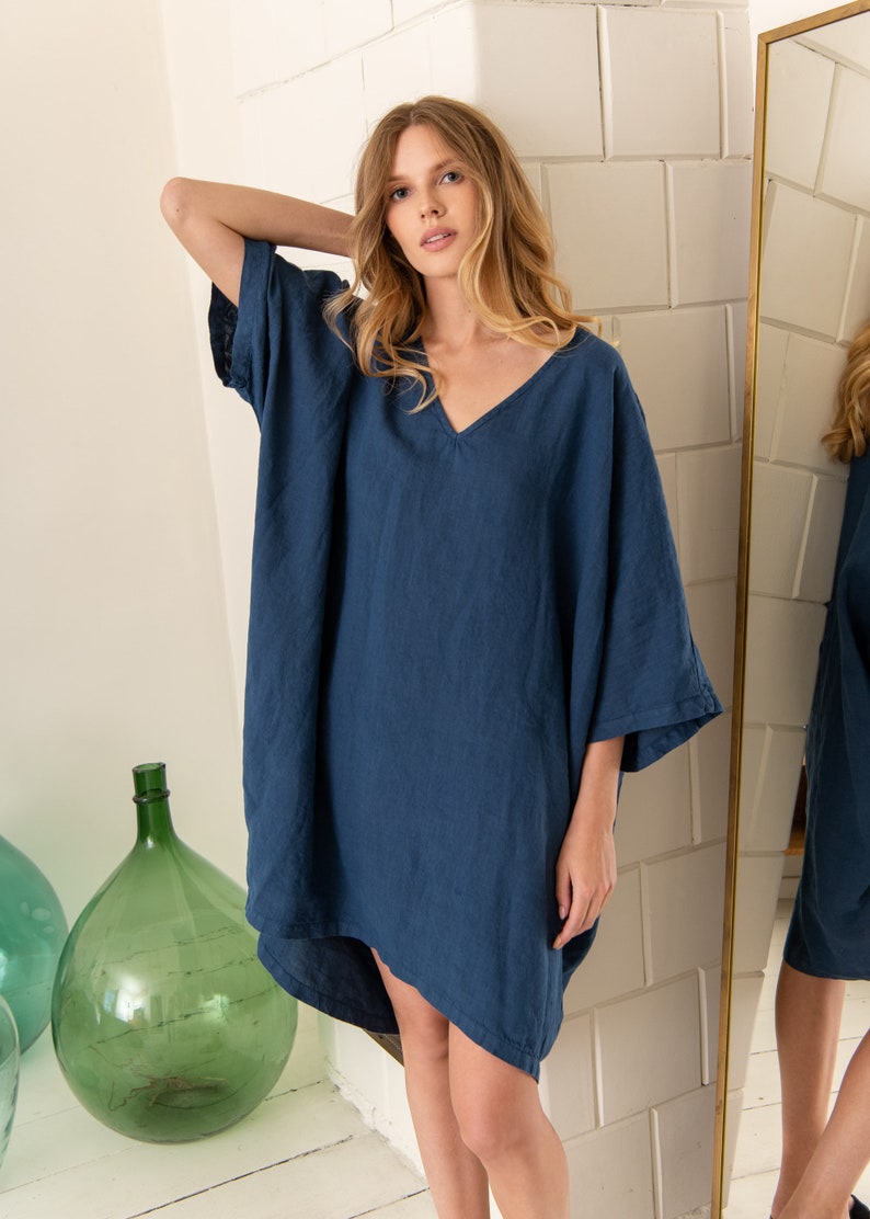 Blue Linen Tunic Dress GABRIEL. Linen Tunic. Midi Length Linen Dress. Summer Dress. Blue Dress. image 3