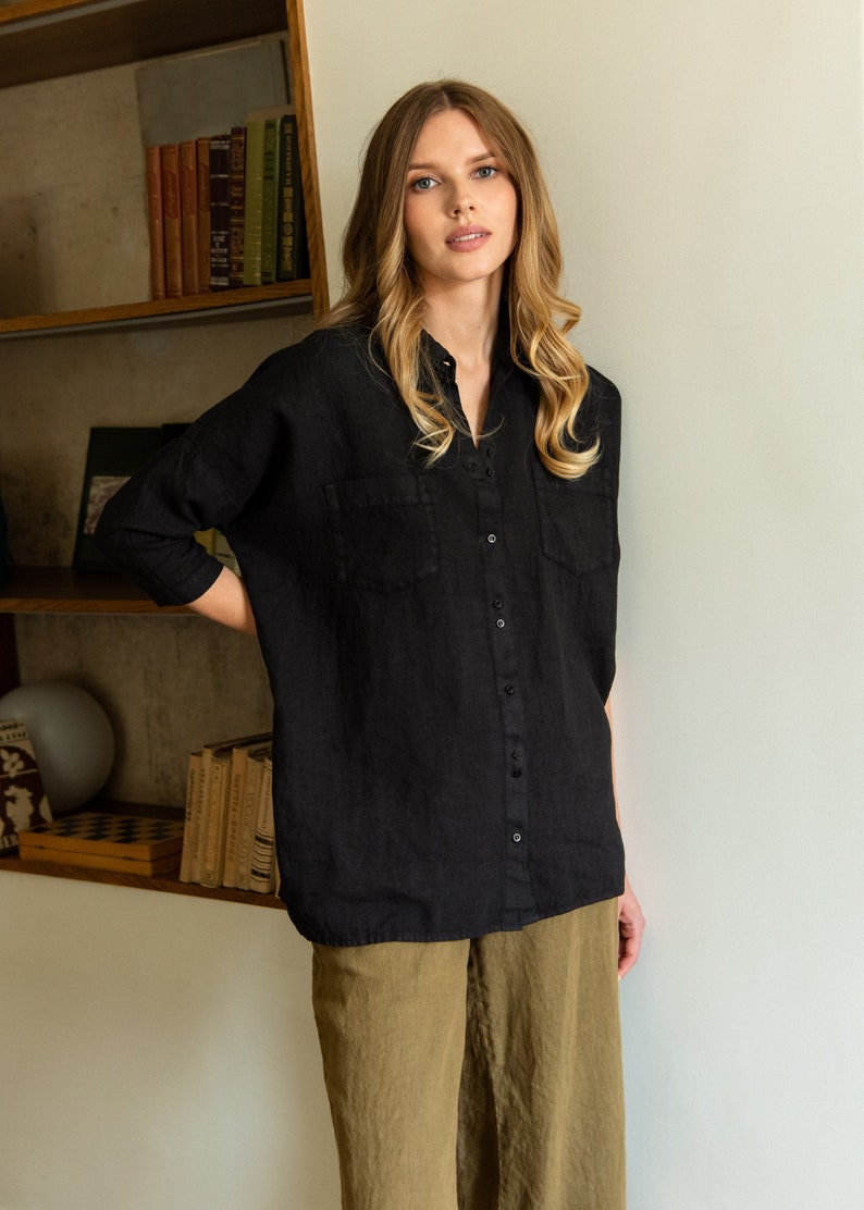 Linen Blouse LORA. Linen Blouse in Black. Linen clothing. Black shirt. Handmade linen shirt. image 1