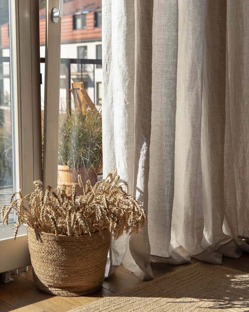 Extra wide linen curtain with tab top / 240cm Width curtain. Extra long curtains in Beige color image 3