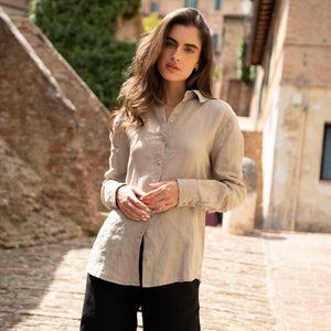 Cappuccino linen shirt Mary for women. Classical linen shirt. Linen Blouse.  Handmade linen top.