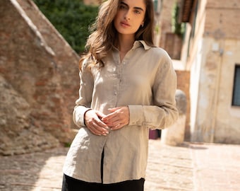 Cappuccino linen shirt Mary for women. Classical linen shirt. Linen Blouse.  Handmade linen top.