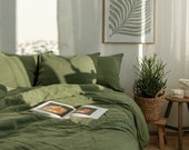Linen bedding set, Double king duvet cover and pillows in Green color, 100% natural flax sheets set custom sizes