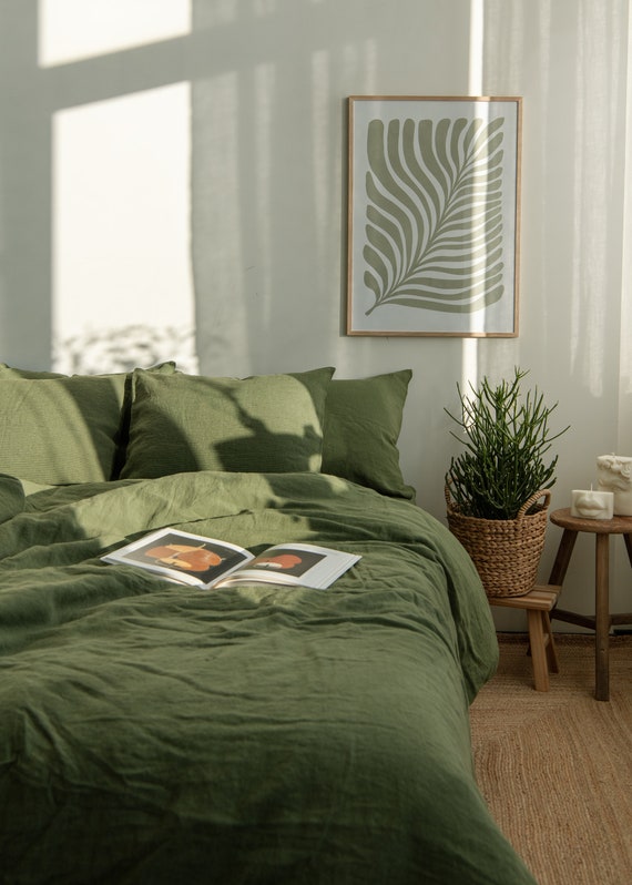 Set biancheria da letto in lino, copripiumino matrimoniale king size e  cuscini in colore verde, lenzuola in lino naturale al 100% con dimensioni  personalizzate -  Italia