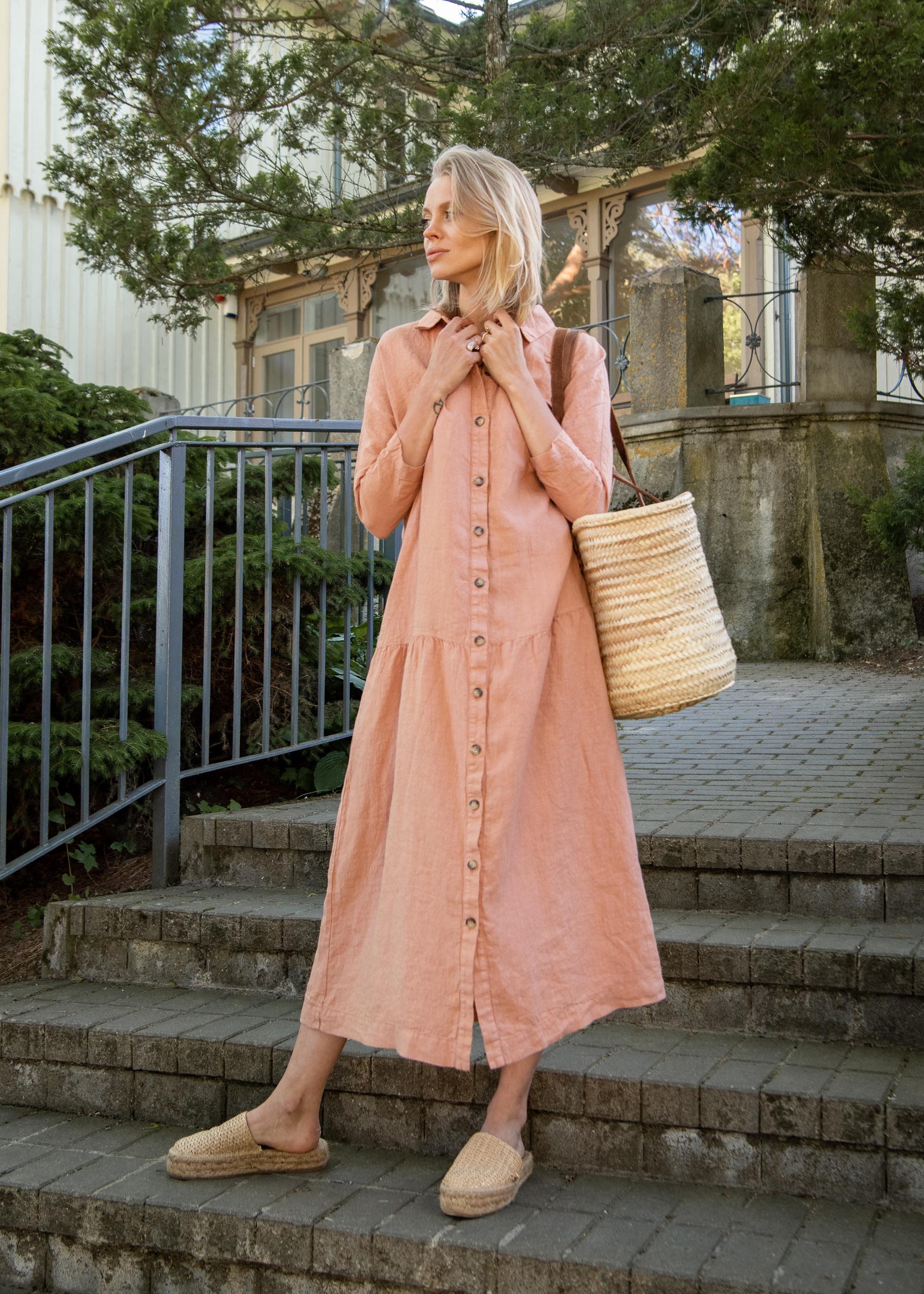 Clay Color Linen Dress SOFIA. Linen Handmade Dress. Button up
