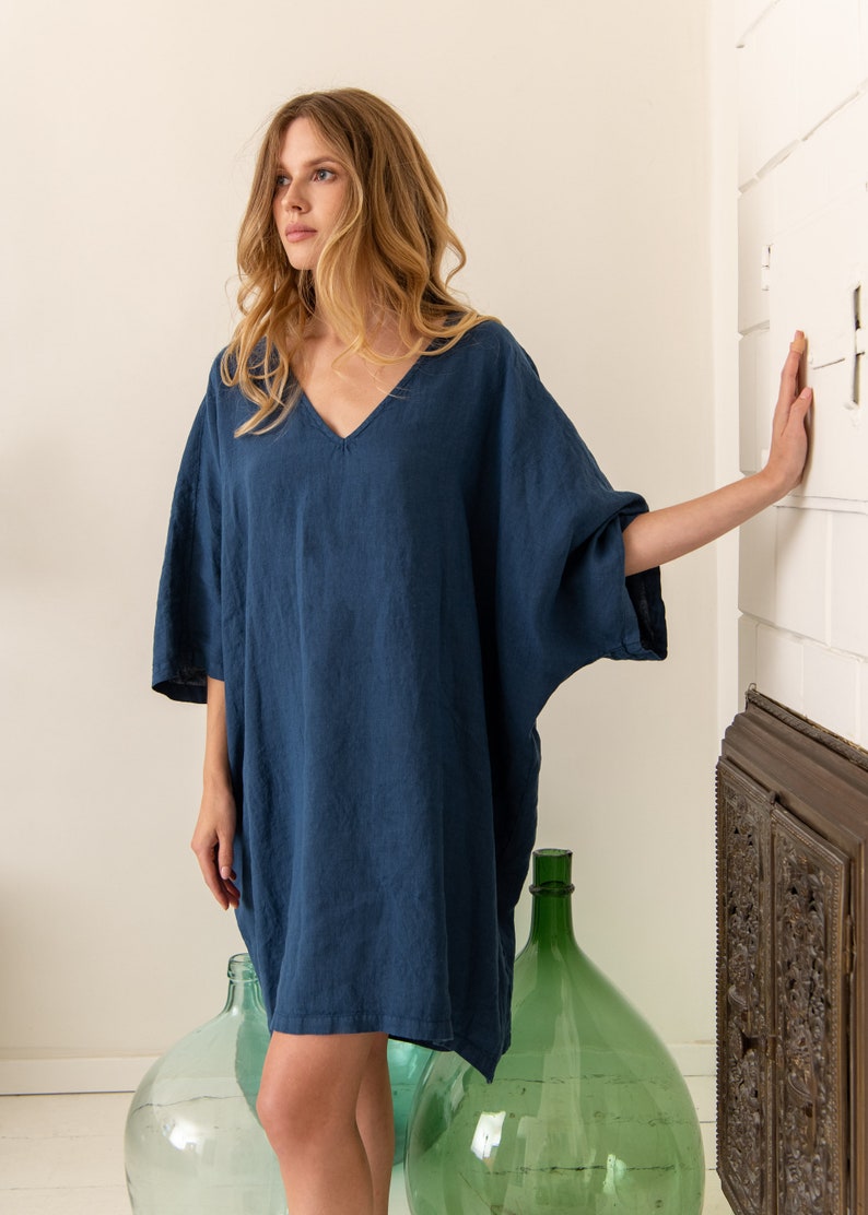 Blue Linen Tunic Dress GABRIEL. Linen Tunic. Midi Length Linen Dress. Summer Dress. Blue Dress. image 5