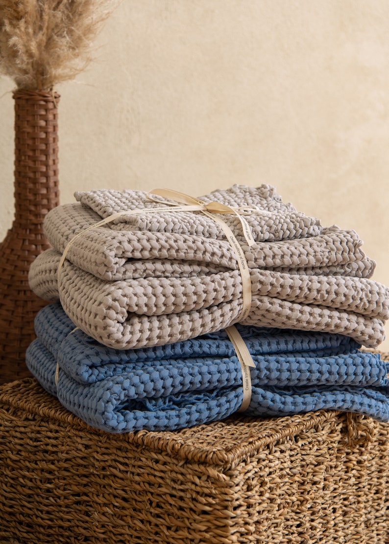 Blue Waffle towel set 3 PCS, Cotton bathroom towels face hand body, Housewarming gift, Self care gift set image 4