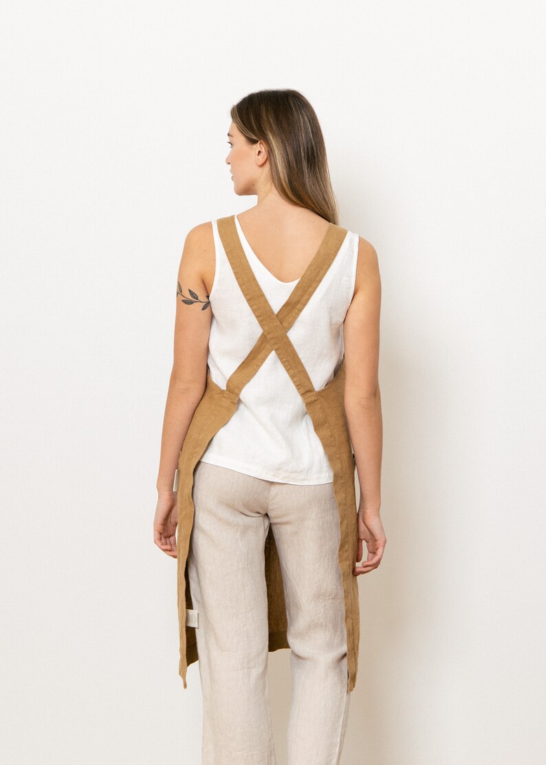 Pinafore linen apron, Cross back apron for her, Gift for her him friend chef, Japanese linen apron with pockets image 4