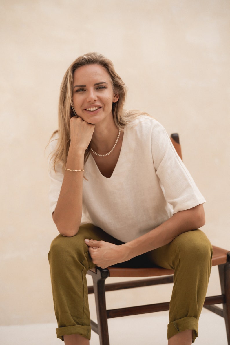 Linen Blouse Tessa. Loose Fit Linen Blouse in Beige. Linen Summer clothing. image 1