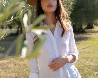 White linen shirt Mary for women. Classical linen shirt. Linen Blouse.  Handmade linen blouse.