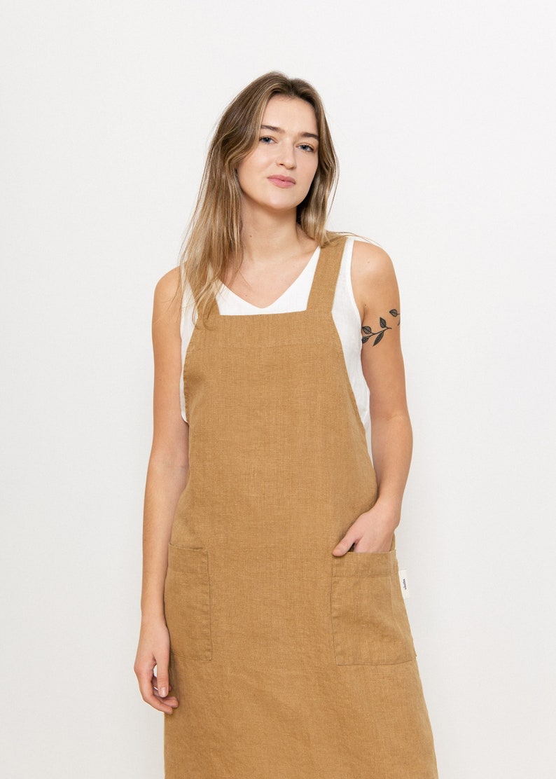 Pinafore linen apron, Cross back apron for her, Gift for her him friend chef, Japanese linen apron with pockets image 1