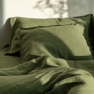 Linen bedding set, Double king duvet cover and pillows in Green color, 100% natural flax sheets set custom sizes imagem 10