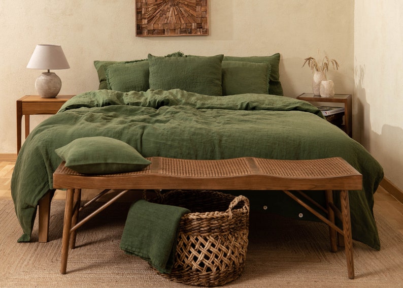 Ensemble de literie en lin, housse de couette double king size et oreillers de couleur verte, ensemble de draps en lin 100 % naturel dimensions personnalisées image 2