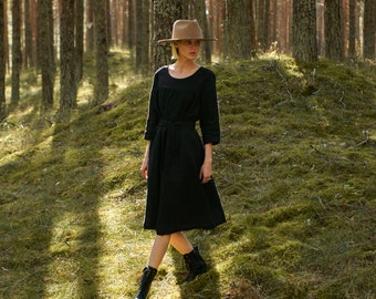Robe en lin noire Vivianne, tenue d'automne pour femme