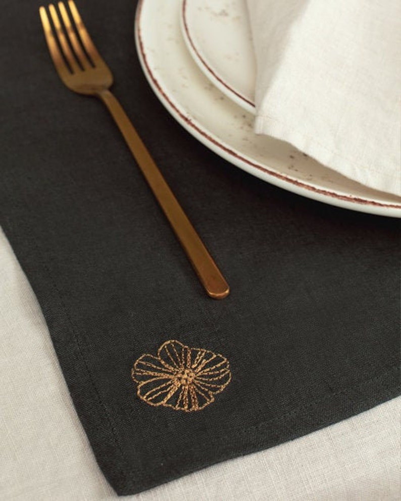 Linen Napkins Dark Khaki Linen Napkins Set of 2 Embroidered Etsy