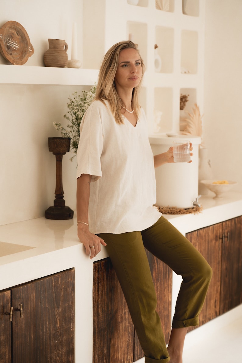 Linen Blouse Tessa. Loose Fit Linen Blouse in Beige. Linen Summer clothing. image 3