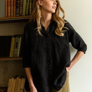 Linen Blouse LORA. Linen Blouse in Black. Linen clothing. Black shirt. Handmade linen shirt. image 2