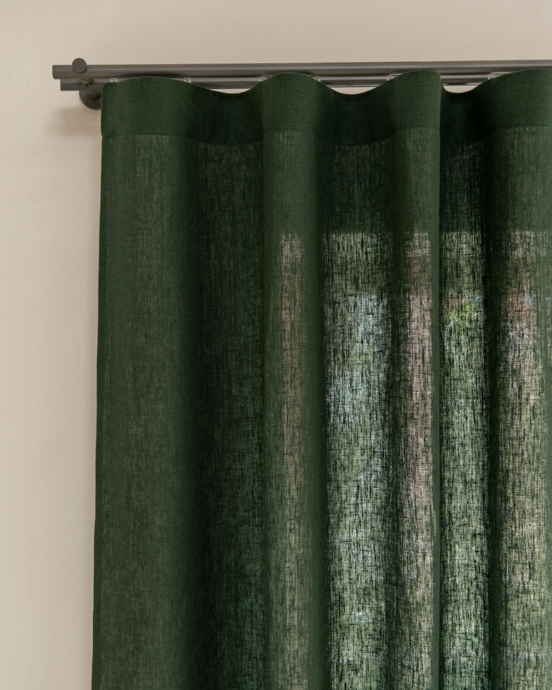 Zware linnen gordijnen, smaragdgroen linnen paneel, extra lange linnen gordijnen. Linnen panelen van 285 g/m2. Stonewashed 100% Europees linnen. afbeelding 3