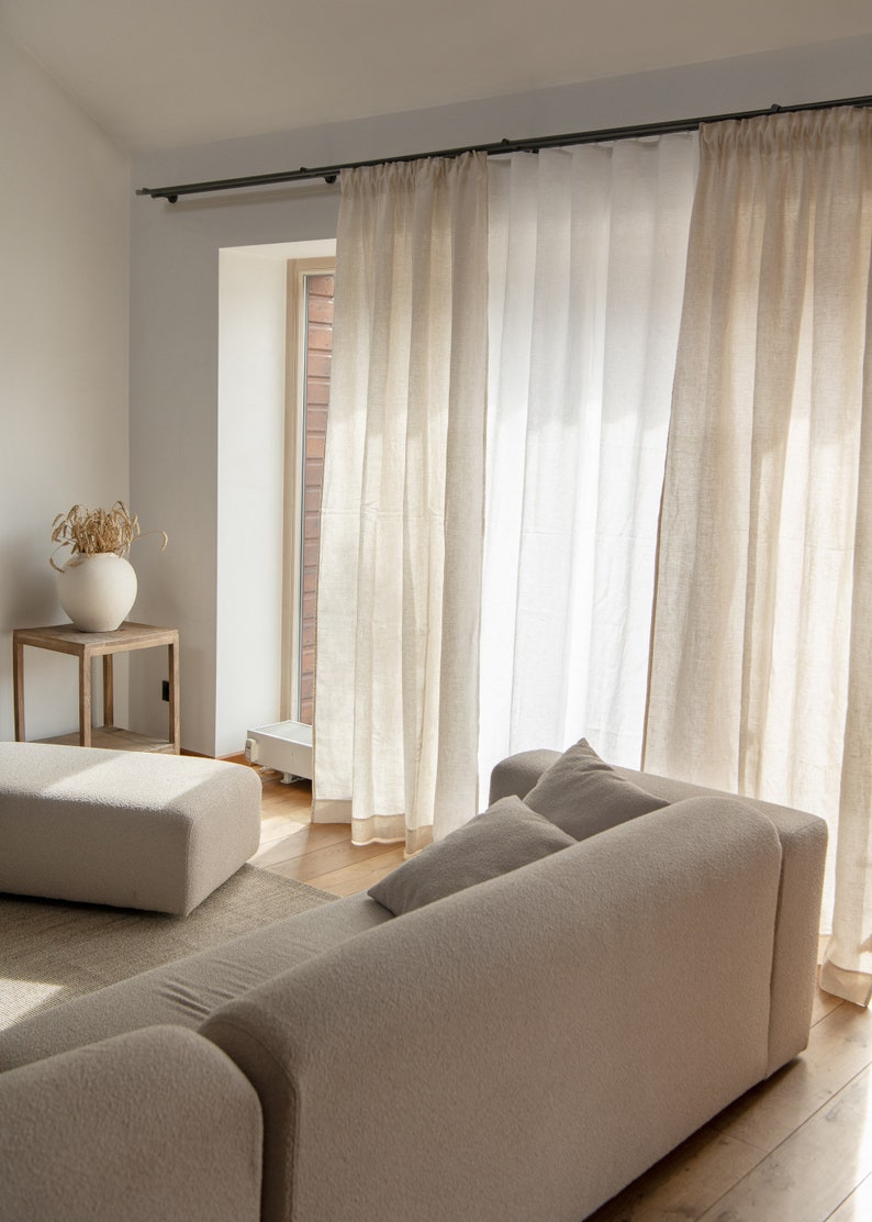 Linen curtain panel with pleated top. 55/140 Cm Width curtain.Length in many options.Extra long curtains. Custom sizes. Beige curtains. image 1