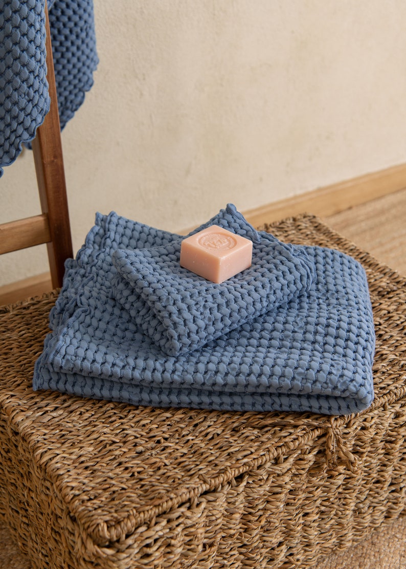 Blue Waffle towel set 3 PCS, Cotton bathroom towels face hand body, Housewarming gift, Self care gift set image 3