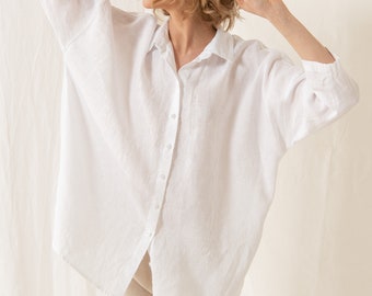 Linen Shirt CATHY in White Color. Linen Blouse for Summer.