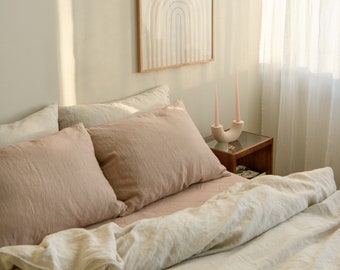 Linen Bedding Set in Beige Color. Linen Duvet Cover and 2 linen pillowcases. Queen, King, Full/Double sizes. Custom sizes.