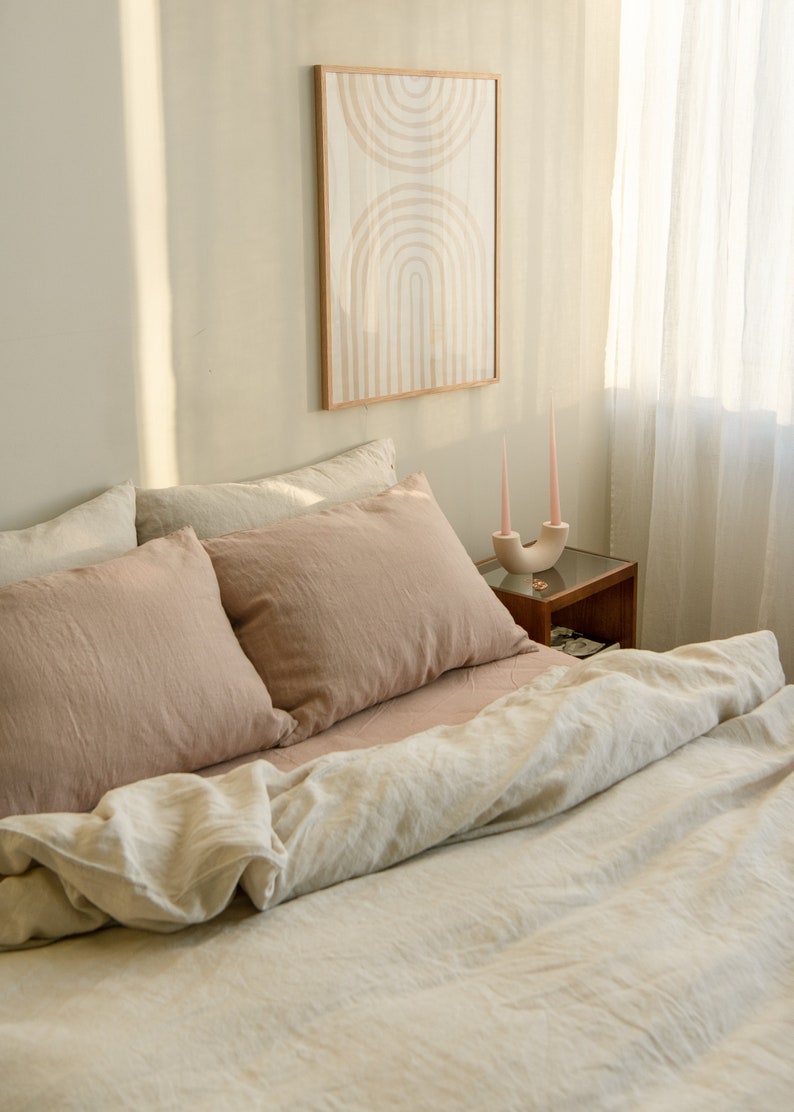 Linen Bedding Set in Beige Color. Linen Duvet Cover and 2 linen pillowcases. Queen, King, Full/Double sizes. Custom sizes. image 1