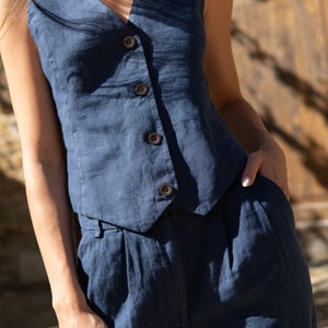 Linen Vest for Women. Linen Vest Top. Elegant Linen Vest.Linen Vest Amy in Dark Blue image 1