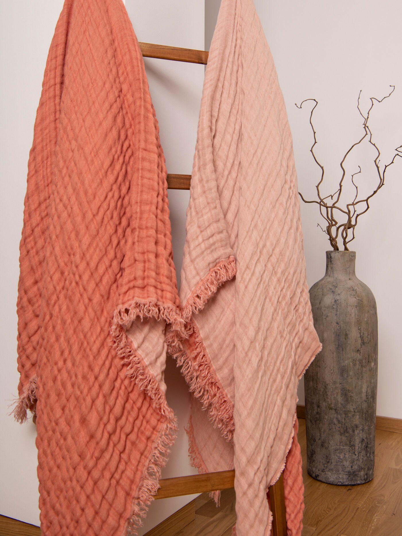 Clay color Linen Throw Blanket. Fringed linen blanket. Double Etsy