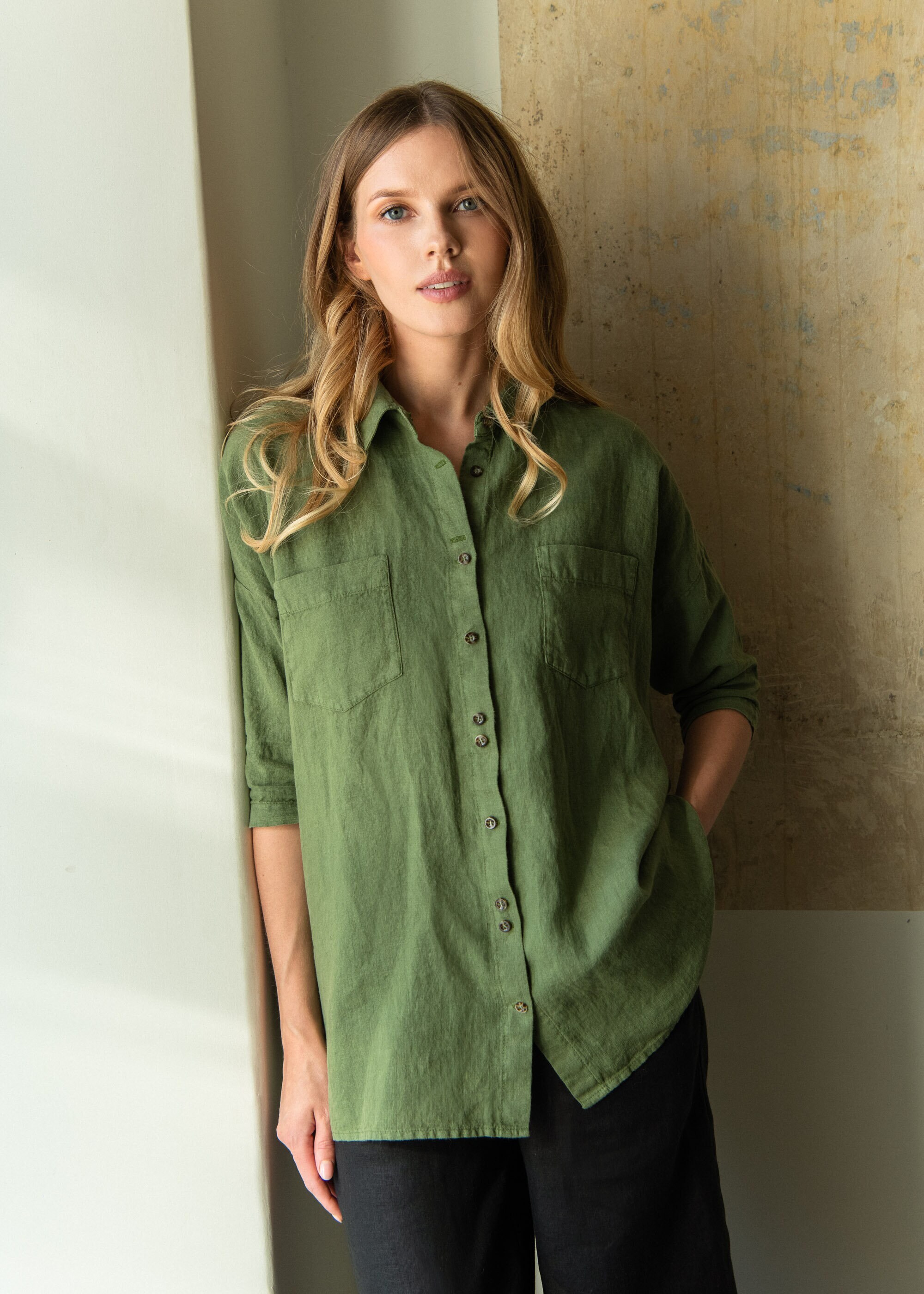 Green linen shirt Clearance