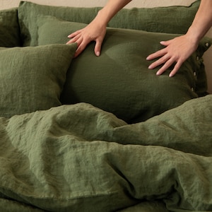 Zestaw pościeli lnianej, podwójna poszwa na kołdrę i poduszki w kolorze zielonym, prześcieradła ze 100% naturalnego lnu w niestandardowych rozmiarach zdjęcie 3