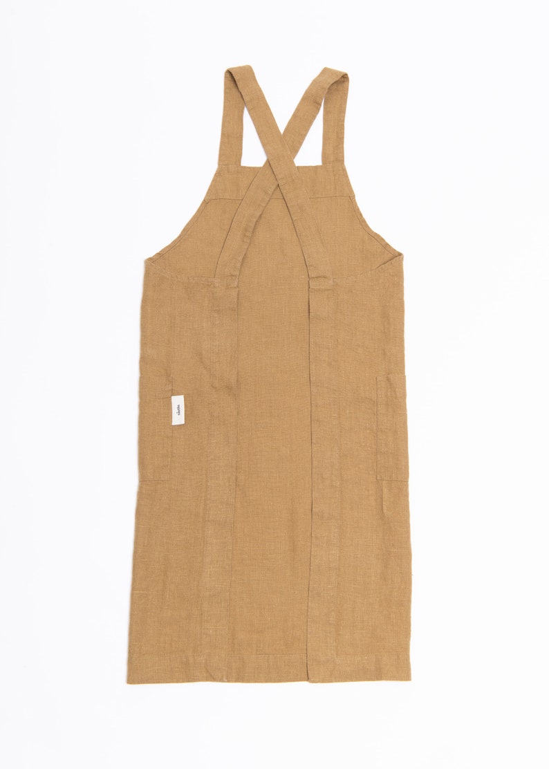 Pinafore linen apron, Cross back apron for her, Gift for her him friend chef, Japanese linen apron with pockets image 6