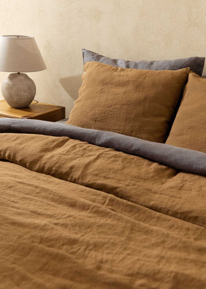 Linen Bedding Set in Cinnamon Color, Duvet Cover and 2 linen pillowcases, Linen comforter set Queen King Custom sizes 画像 1