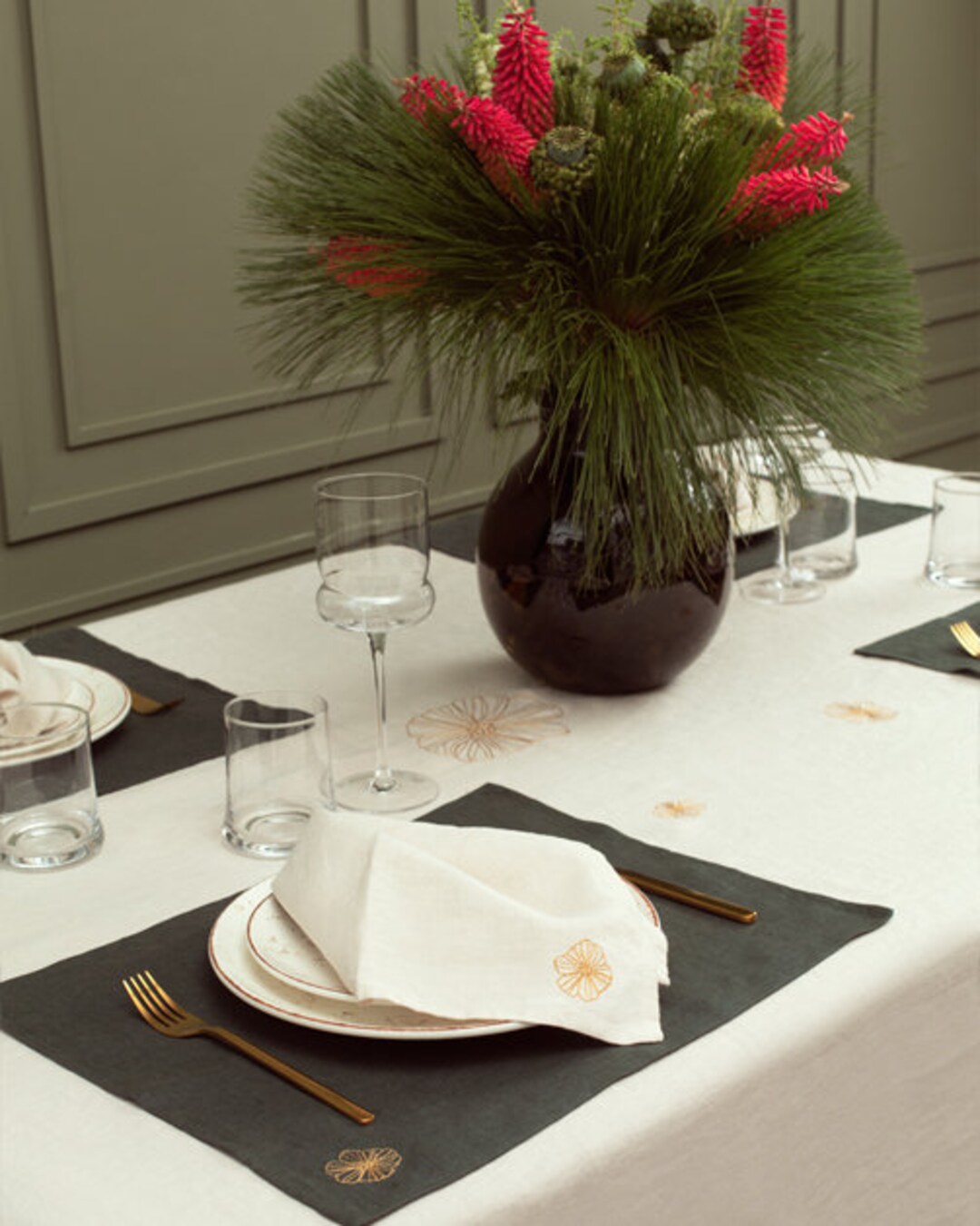 Linen Napkins Dark Khaki Linen Napkins Set of 2 Embroidered Etsy