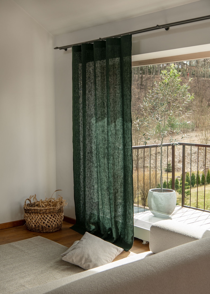 Heavy weight linen curtains, Emerald green linen panel, extra long linen curtains. 285gsm linen panels. Stonewashed 100% European linen. image 2