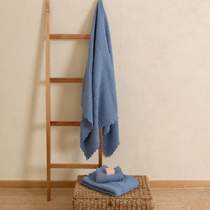 Blue Waffle towel set 3 PCS, Cotton bathroom towels face hand body, Housewarming gift, Self care gift set image 2