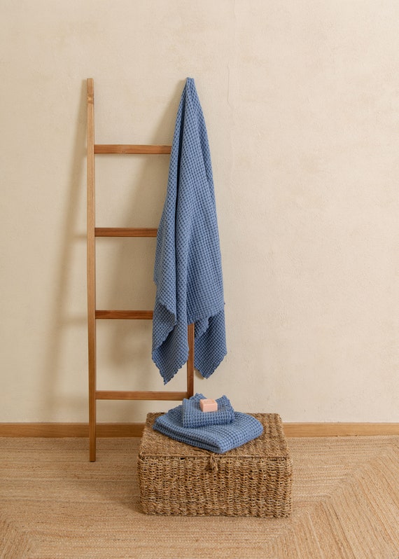 Waffle Towel in Blue Cotton Bathroom Towels Large Size Bath 