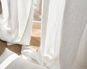 Linen curtain panel with rod pocket.  55"/140 Cm Width curtains. Extra long curtains. Custom sizes.  White curtains.