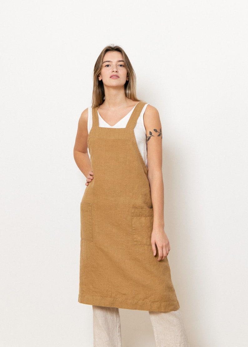 Pinafore linen apron, Cross back apron for her, Gift for her him friend chef, Japanese linen apron with pockets image 3