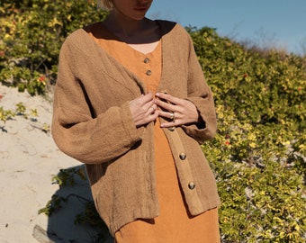 Cárdigan de lino marrón Ralph, chaqueta de otoño
