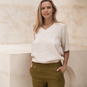 Linen Blouse Tessa. Loose Fit Linen Blouse in Beige. Linen Summer clothing. image 4