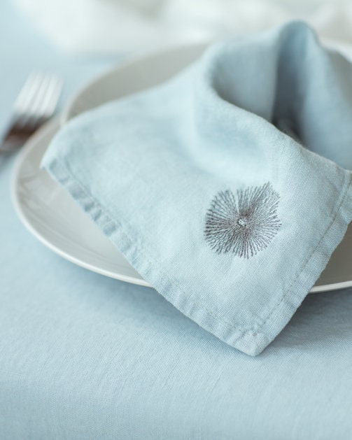 Light Blue Linen Napkins Set of 2 Embroidered flower. Etsy