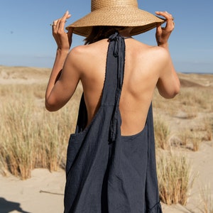 Dark Blue Linen Dress KIRIBATI. Summer Dress. Oversized dress. Soft Linen Dress. Midi Dress. Sleeveless dress.