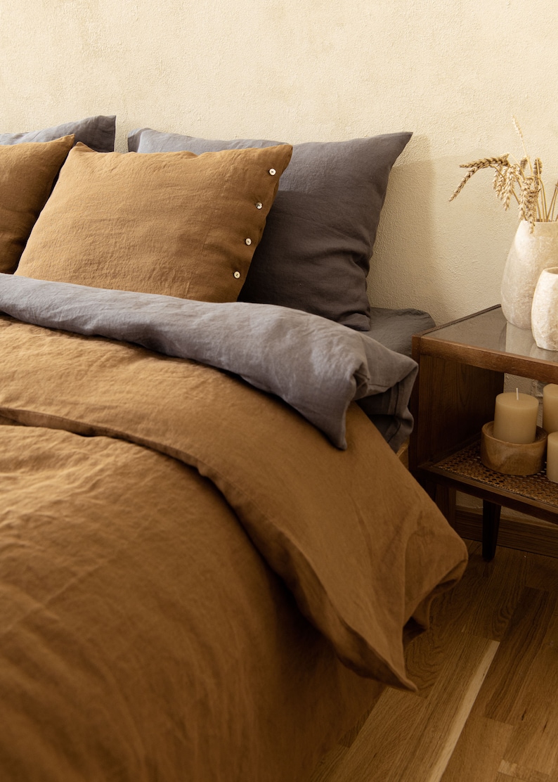 Linen Bedding Set in Cinnamon Color, Duvet Cover and 2 linen pillowcases, Linen comforter set Queen King Custom sizes 画像 3