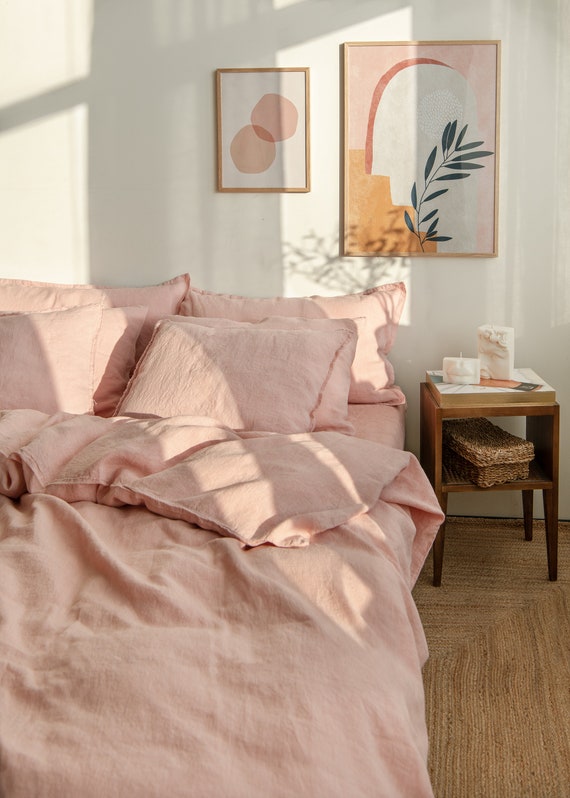 Linen Bedding Set in Blush (Rose)  Color. Linen Duvet Cover and 2 linen pillowcases. Set of 3. Linen comforter set.