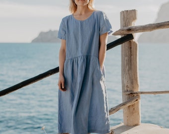 Relaxed Fit Linnen Jurk Dames Linnen Zomerjurk Dusk Blue Color Jurk Korte Mouw Jurk Sky