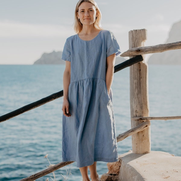 Relaxed Fit Linen Dress Women's Linen Summer Dress Dusk Blue Color Dress Short Sleeve Dress Sky