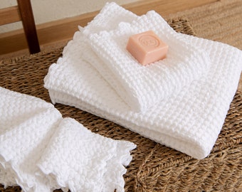 White waffle cotton towel set (3 PCS), Bathroom towels face hand body, New home present